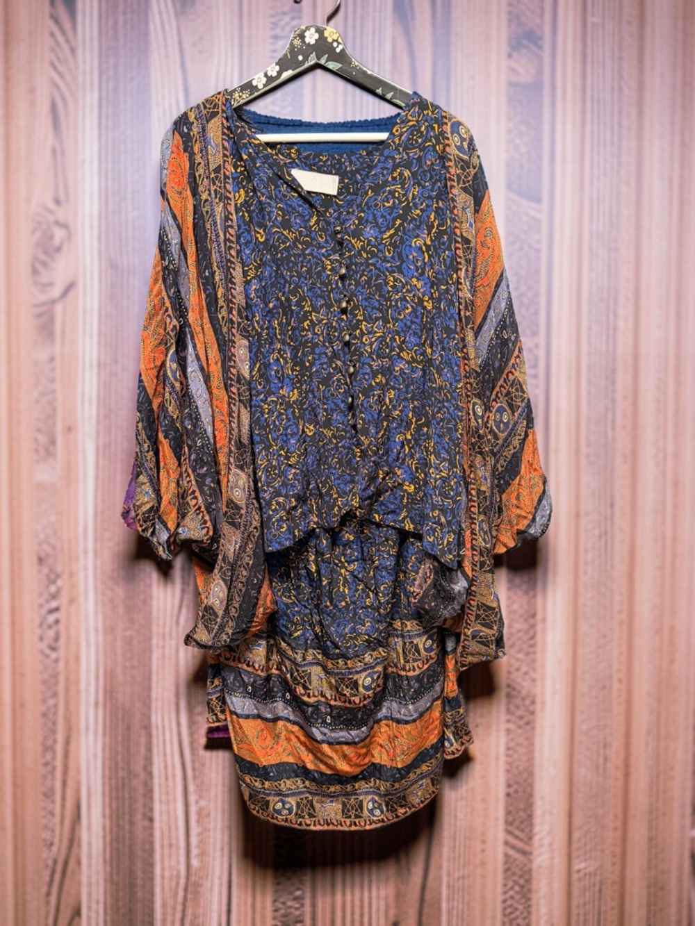 A.C. Sport Vintage 90s 2-Piece Blouse Skirt Set Blue Baroque Print Size 16W Boho